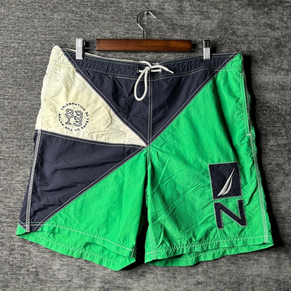 Nautica Mens Green Navy Colorblock Swim Trunks Shorts Size M Y2K Boardshorts